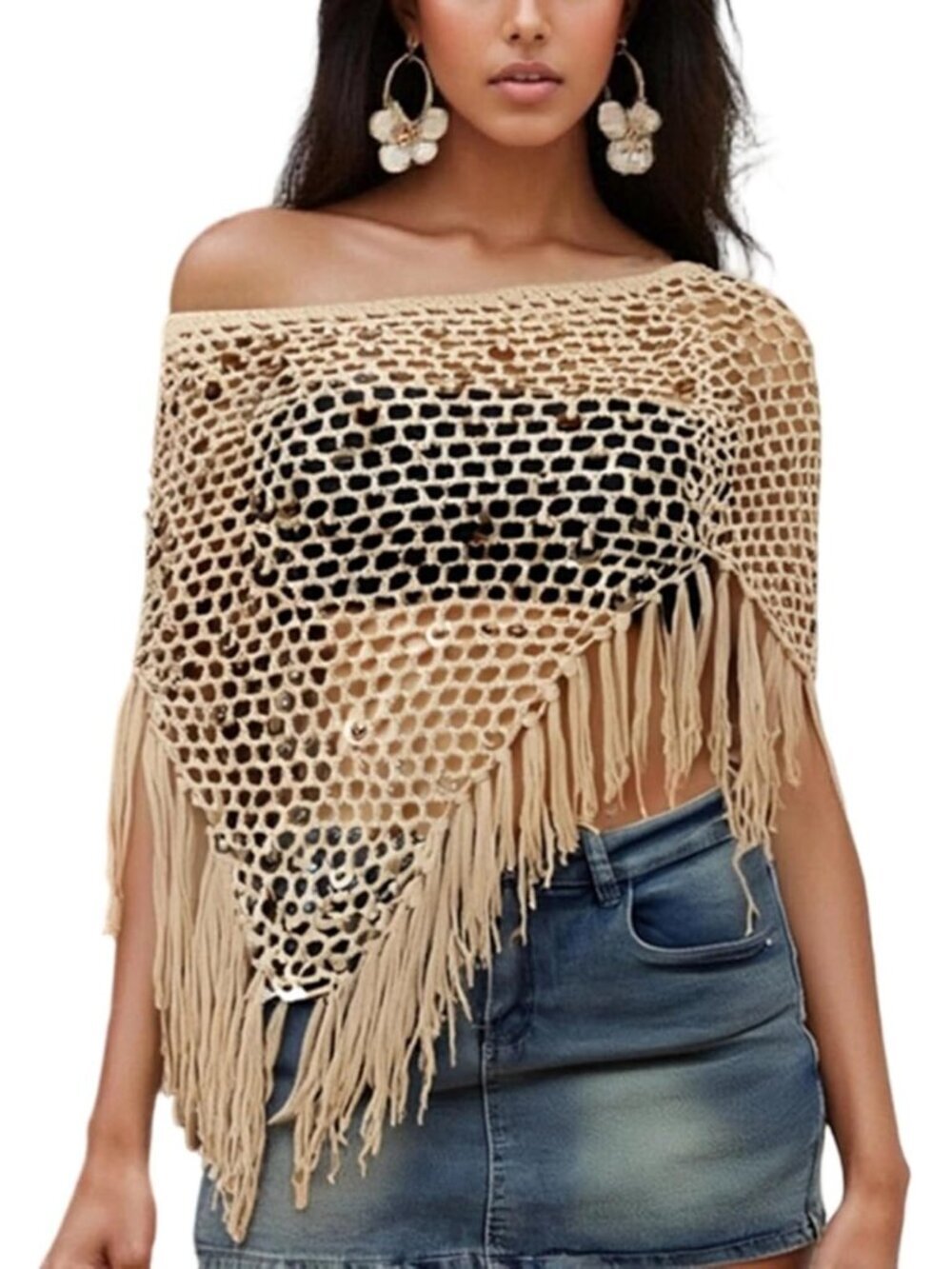 Women Hollow Black Lightweight Knit Crochet Shrug Bolero Mesh Batwing Cover Up